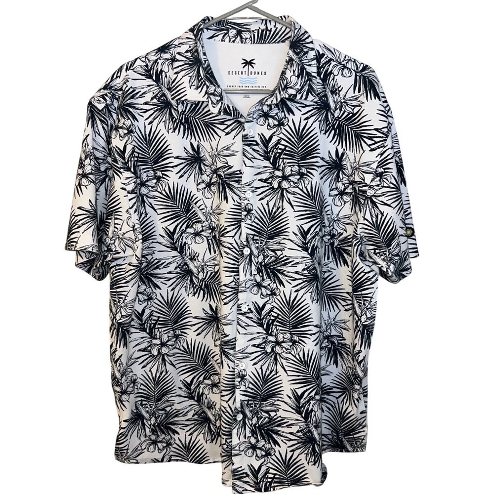 Desert Dunes Hawaiian Shirt - XL - Black & White Tropical Palm Print Button-Up